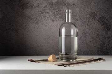 A glass bottle with a strong drink on the white countertop against the gray wall