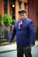 bohemian artist man in colorful clothes walking in the west village in New York