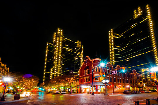 Texas Street at Night Downtown Fort Worth, Texas, USA, 