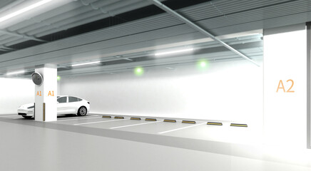 Parking lot 3d illustration. car park with white wall. - obrazy, fototapety, plakaty