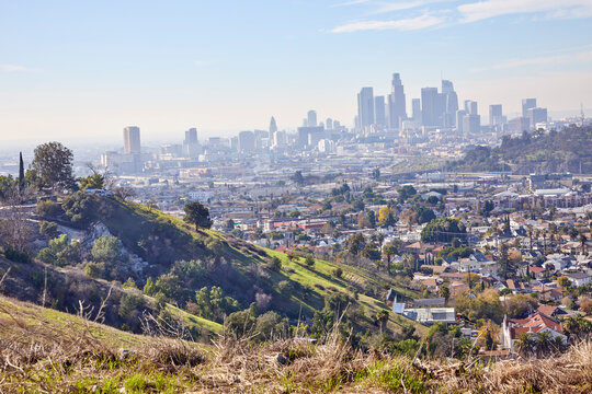 Skyline of downtown Los Angeles California from hills of East LA