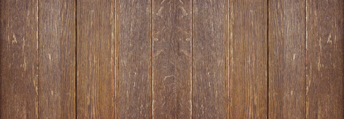 Fototapeta premium Old brown dark wood wood texture. Long banner background, panorama of boards.