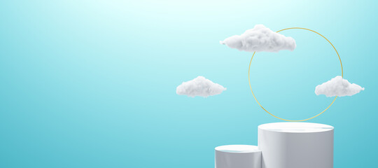 white 3d podium and minimal cloud scene with Golden Glass Ring Frame, product display background,3d rendered geometric shape blue sky or trendy empty podium display for cosmetic product presentation