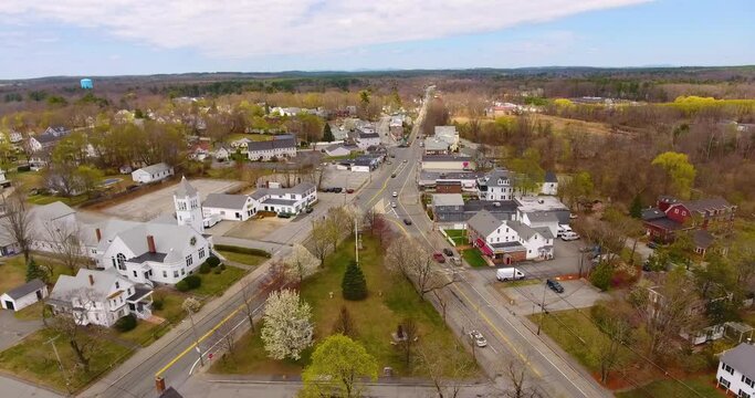 North Chelmsford village aerial view on Middlesex Street and Princeton Street in spring in town of Chelmsford, Massachusetts MA, USA. 