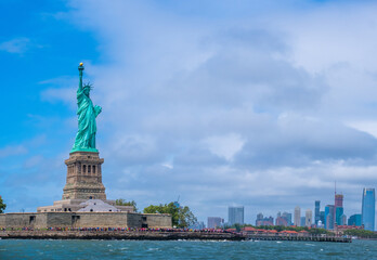 The Statue of Liberty in New York City, Statue of Liberty on the background of colorful dawn sky, © CK