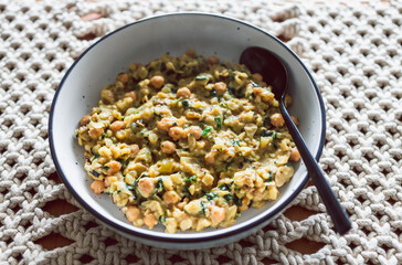 vegan potato chickpea spinach stew, healthy plant-based food