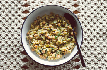 vegan potato chickpea spinach stew, healthy plant-based food