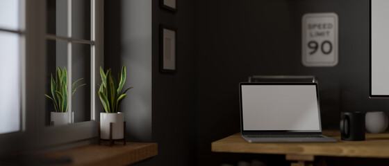 3D rendering, laptop with mock-up screen on office desk and decorations in loft room, home office interior