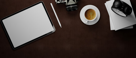 Obraz na płótnie Canvas 3D rendering, tablet with mock-up screen on leather background with camera, coffee cup and supplies