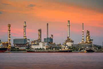 Oil refinery plant factory in industry economic zone. Petrochemical, petroleum, power energy and...