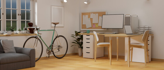 Cozy home office interior design with computer desk, supplies, bicycle, sofa and decorations, 3D rendering