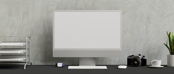 3D rendering, computer with mock-up screen on black table with supplies, decorations and loft wall background