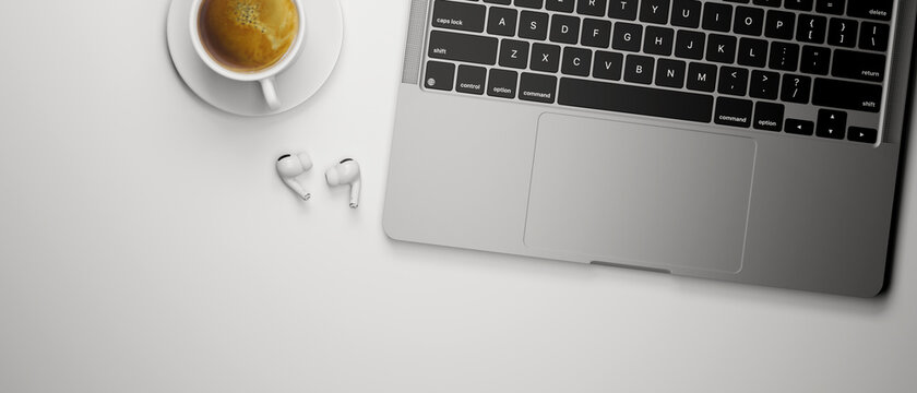 3D rendering, computer laptop on white table with earphone and coffee cup