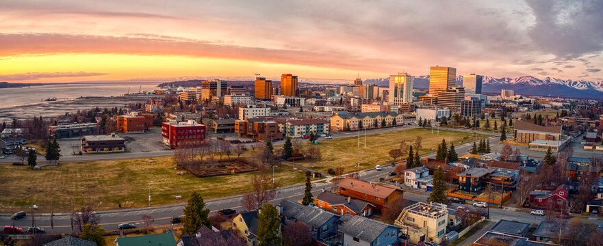 Aerial View of a Sunset over Downtown Anchorage, Alaska in Spring