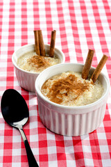 Pot with rice pudding - sprinkled with cinnamon