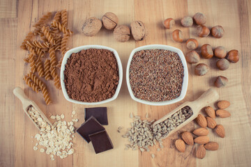 Natural ingredients containing magnesium, vitamins and dietary fiber. Healthy nutrition