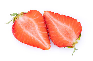 Two halves of cut strawberries on a white background, isolated