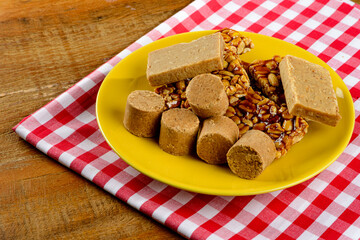 Festa Junina traditional food. Brazilian food. Sweets on wooden table