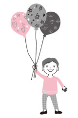 手書き線画イラスト  風船をもって笑顔の男の子