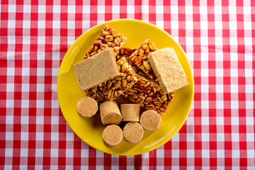 Typical Brazilian junina party sweets - Top view with copy space.