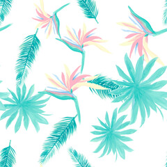 Fototapeta na wymiar Azure Pattern Plant. Cobalt Seamless Exotic. White Tropical Illustration. Navy Flower Design. Indigo Floral Plant. Wallpaper Foliage. Decoration Background.