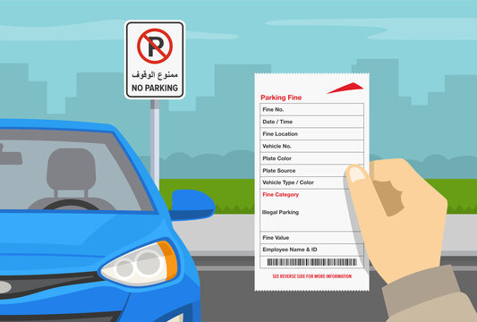 Hand holding violation ticket. Blue car parked in a restricted parking zone. Dubai no parking road sign. Flat vector illustration template.