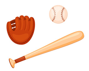 A set of sports items for the game of baseball. Inventory in cartoon style. Isolated on white background. Baseball ball, bat, glove

