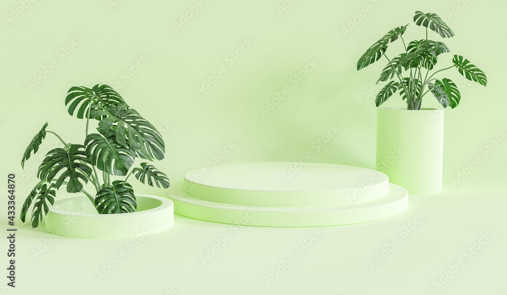 Poster green pedestal for display. empty product stand with geometrical shape. minimal style. 3d render.