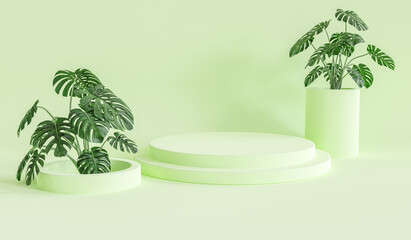 Green pedestal for display. Empty product stand with geometrical shape. minimal style. 3d render.