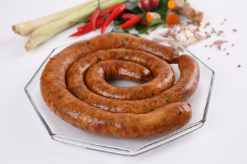 Local Northern Thai food , Northern Thai spicy sausage street food isolated in white background