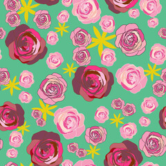 Scattered pink roses and yellow flowers on bright green background, seamless pattern vector.