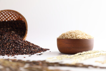 Organic raw brown rice and riceberry rice in close up