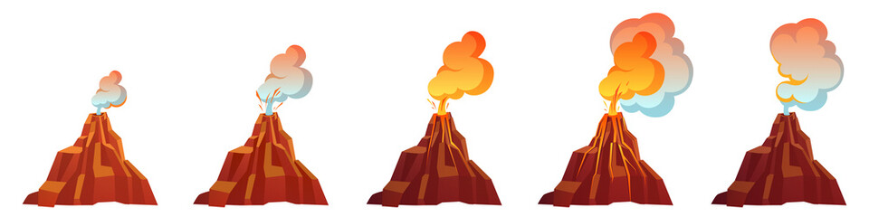 Volcanic eruption process in different stages. Volcano erupt with flow magma, fire and clouds of smoke, ash and gases. Vector cartoon set of mountain with crater and lava isolated on white background