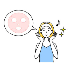 スキンケア パックをして美肌になり喜んでいる女性 イラスト シンプル ベクター