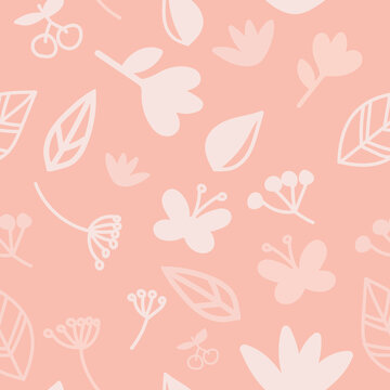 Pretty peach butterflies and plants seamless pattern vector in doodle style.