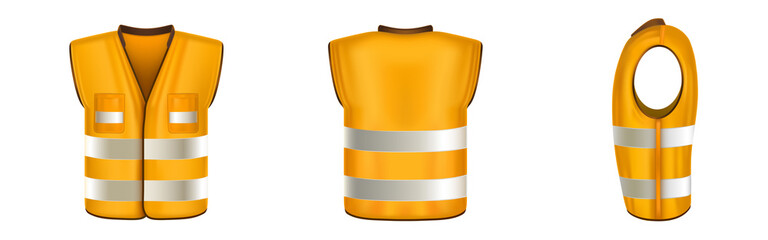 Orange safety vest with reflective stripes, uniform for construction works, drivers and road workers. Vector realistic 3d waistcoat with reflectors and pockets in front, back and side view
