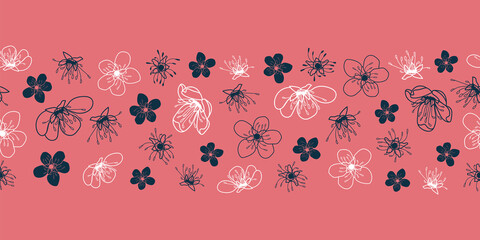 Vector doodle dark flowers pink seamless pattern
