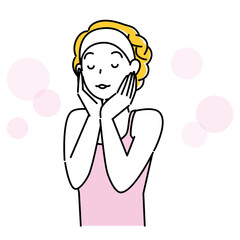 スキンケア 両手で顔に触れスキンケアによる効果を実感している笑顔の女性 イラスト シンプル ベクター