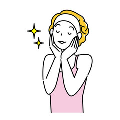 スキンケア 両手で顔に触れスキンケアによる効果を実感している笑顔の女性 イラスト シンプル ベクター