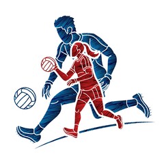 Fototapeta na wymiar Gaelic Football Male and Female Players Sport Mix Action Cartoon Graphic Vector