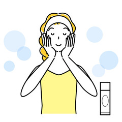 スキンケア 両手で顔を包み込み美容液を肌になじませている女性 イラスト シンプル ベクター
Skin Care. A woman cupping her face in both hands and applying serum to her skin. Simple illustration. vector.
