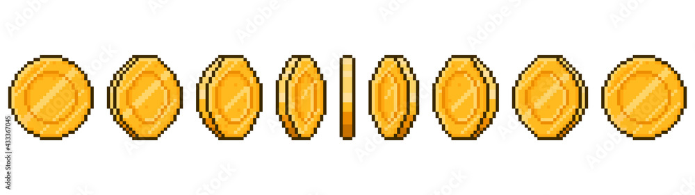 Fototapete Pixel art coin animation. Game ui golden coins rotation stages, pixel game money animated frames vector illustration. Gold 8 bit coins animation