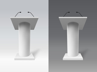 White realistic tribune. Speech 3d debate tribune, public presentation speech tribune vector illustration set. Speaker podium mockups