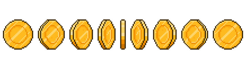 Pixel art coin animation. Game ui golden coins rotation stages, pixel game money animated frames vector illustration. Gold 8 bit coins animation
