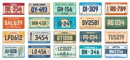 Car number plates. Vehicle use states license registration plates, retro automobile license plates vector illustration set. Car registration signs