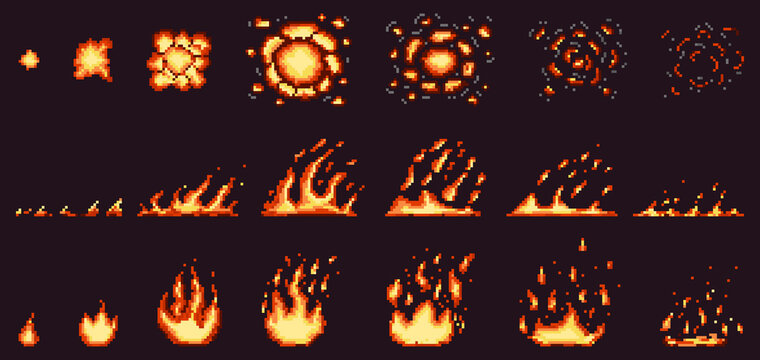 Pixel fire animation. Red hot flame, burning effect fire border and fiery explosion vector illustration set. Pixelated 8 bit game fire flames steps