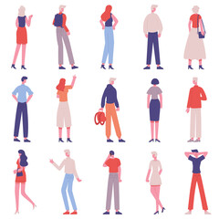 People back view. Male and female characters from back side standing together isolated vector illustration set. View from back adult people
