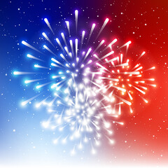 Independence day greeting card with shiny fireworks on blue and red background