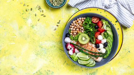 Buddha bowl with avocado, asparagus, chickpeas, broccoli, radish, chicken, cucumber, tomatoes, olives, mozzarella, cheese, fillet, fresh, salad, banner, menu, recipe. Healthy food