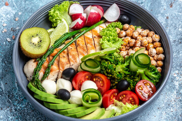 Trendy salad. Chicken grilled fillet with salad fresh vegetables and fruits, ketogenic diet lunch...